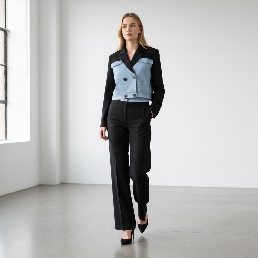 Cropped Two-Tone Denim & Black Blazer Pantsuit - Light Blue/Black